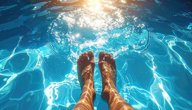 Feet in Blue Pool Water on Sunny Day - Powered by Adobe