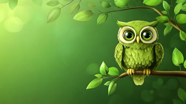 Digital illustration of a cartoon owl perched on a branch against a green background with bokeh lights. - Powered by Adobe