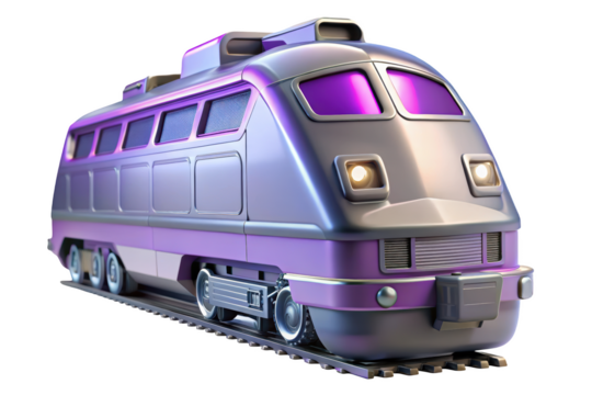 Futuristic purple train cartoon transportation railroad vehicle commuting travel concept design 3d illustration isolated on transparent background