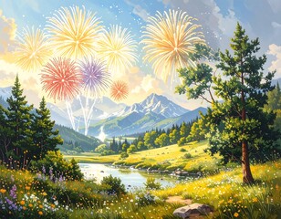 Obraz premium Colorful fireworks over a mountain valley