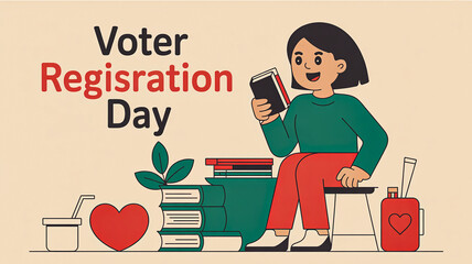 Woman reading on voter registration day promotion art