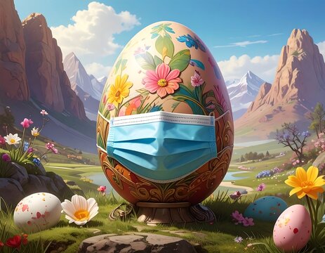 Easter egg with a face mask in a springtime landscape