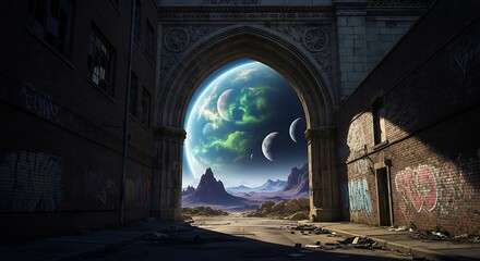 Arched Gateway to Another World - Earth-like Planet and Moons Beyond Ruins.