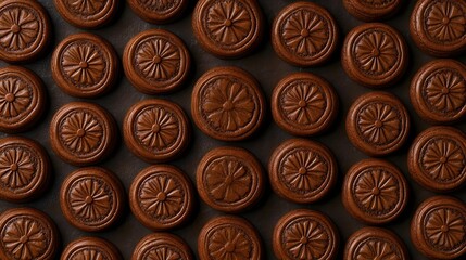 Photograph of symmetrical arrangement of dark brown, textured, circular cookies fills the frame.