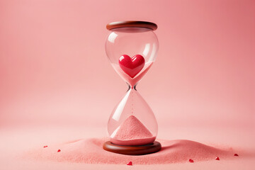 hourglass with red heart. Red heart flowing in hourglass on pastel background - Time for love concept