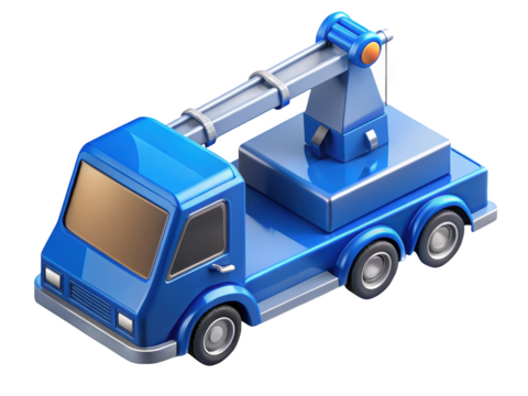 Glossy blue crane truck vehicle isometric view 3d illustration isolated on transparent background