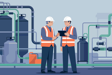 Industrial engineers collaborate on tablet reviewing plans in modern facility with pipes and tanks