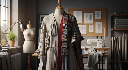 A stylish, pleated, light beige dress hangs on a mannequin in a well-lit, modern design atelier, showcasing various fabric swatches and sketches.