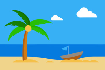 Tropical beach scene with a palm tree and a small boat on the sand
