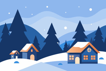 Cozy winter village scene with snow covered houses and pine trees