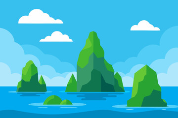 Flat design illustration of lush green islands rising from the blue ocean under a cloudy sky