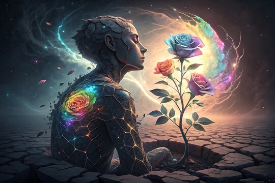 Mystical figure contemplates a vibrant glowing rose in a cosmic dreamscape