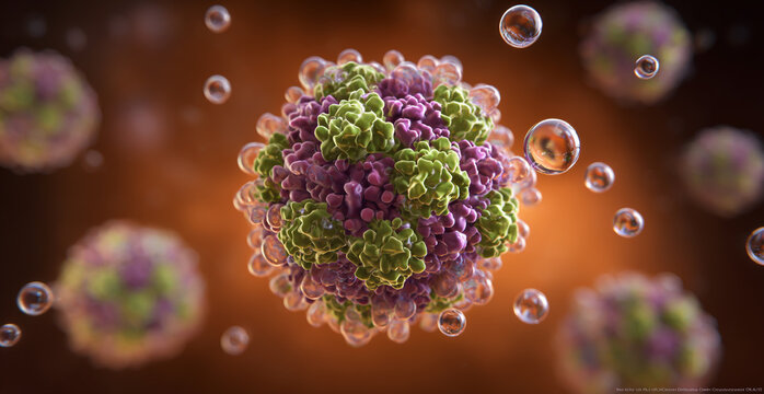 3d render of a virus particle with purple and green capsomeres
