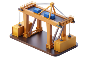 Isometric view of a toy crane lifting blue cargo boxes 3d illustration isolated on transparent background