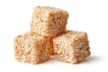 Three cubes of sesame seed candy isolated on white background