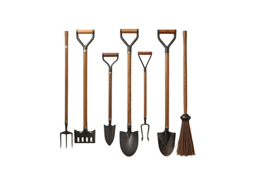 Vintage garden tools collection ready for spring planting and outdoor projects, featuring spades, rakes, and a broom for your landscaping needs