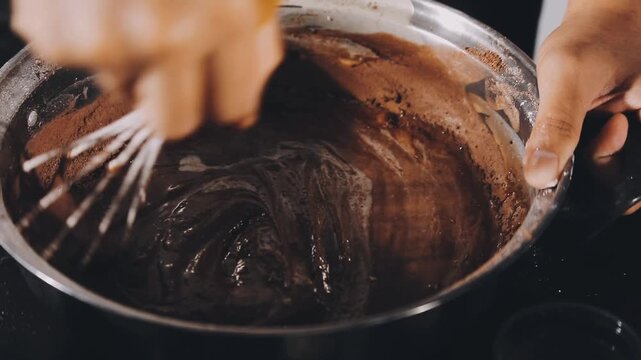 Professional pastry chef making desserts at table in kitchen