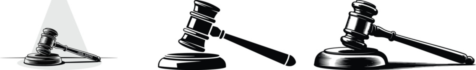 Three gavel illustrations in black and white variations