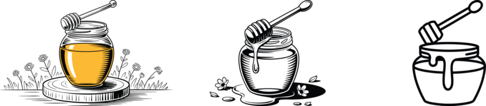 Honey jars with dippers in different artistic renderings