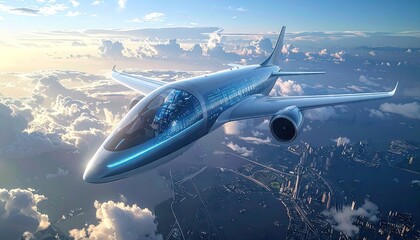 Obraz premium Futuristic Airplane Soaring Above Cityscape at Dawn