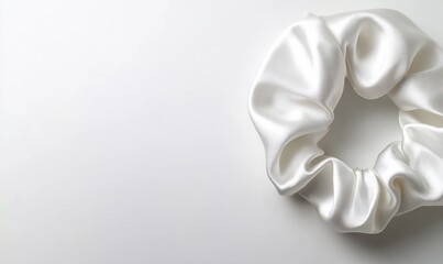 Elegant White Silk Scrunchie on a Clean White Background, Soft Lighting