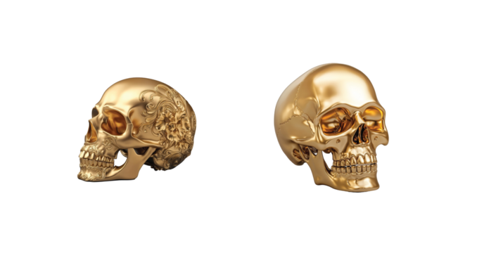 Elegant golden skulls with intricate engraving on black background