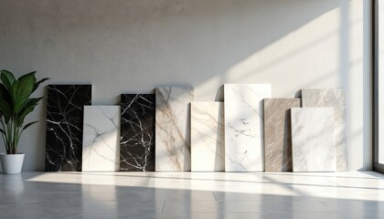 Elegant arrangement of marble slabs in various colors including black, white, grey, beige. Natural light creates soft shadows, highlights unique textures, patterns of stone surfaces. Sleek, modern,