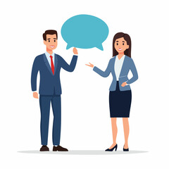 Fototapeta premium A man and woman in business attire are talking, with a speech bubble over their heads. They appear to be discussing a business idea or plan.