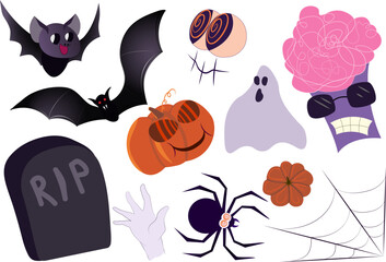 Fototapeta premium Clip art set of Halloween characters and icons, including bats, brain monster, zombie hand, tombstone, ghost, spider and a smiling pumpkin. Cartoon design, perfect for Halloween projects or stickers.