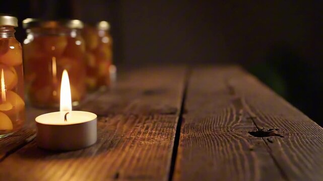 A single tea light candle flickers warmly, its soft flame illuminating the rich grain of a rustic wooden table next to jars of homemade preserved fruit