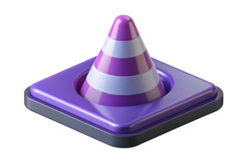 Stylish purple traffic cone with white stripes on backdrop 3d illustration isolated on transparent background