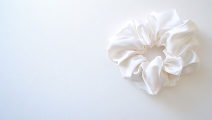 Ivory silk scrunchie on a white surface, soft light and delicate folds