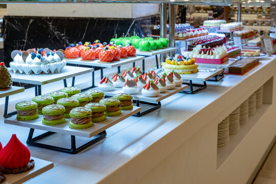 Karisik Turk tatlilari. New dessert varieties at the luxury hotel open buffet. Milk-based desserts, Turkish Dessert Sobiyet, havuc dilimi, midye baklava, mussels baklava and classic baklava.