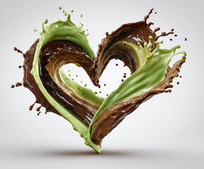 Chocolate and green liquid splash forming a heart shape isolated on white background