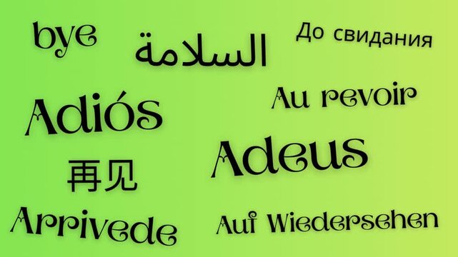 Goodbye bye animated outro kinetic animation text in multiple languages around the world green background