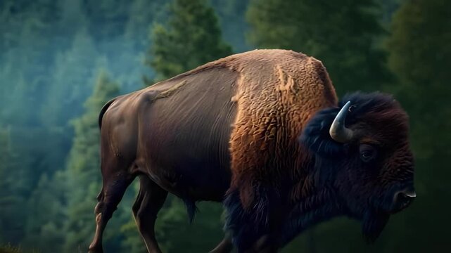 American bison standing on a hillside with a forest backdrop and a smoky haze.