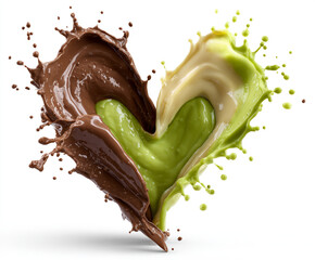 Heart shape splash of chocolate and avocado cream isolated on white background
