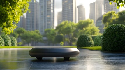 3D render showcases a sleek, dark orb resting on a wet pavement in a park backdrop of skyscrapers.