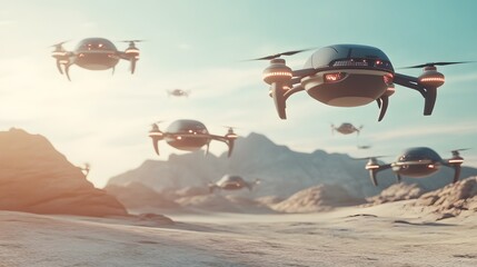 3D render showcases numerous robotic drones flying above a sandy mountainous landscape under a bright sky.