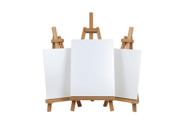 Three blank white canvases on wooden easels beckon creative inspiration for artists, designers, and brands seeking a fresh visual for their next masterpiece