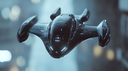 3D render of a sleek, dark, futuristic drone hovering in a blurred urban environment.