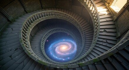 Ancient Stone Spiral Staircase Descending into a Luminous Cosmic Galaxy Vortex, Blending Architecture with Celestial Wonder.