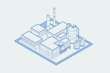 Modern industrial complex isometric view blueprint style drawing of buildings and structures cityscape