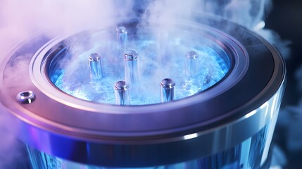 3D render depicts a futuristic device with glowing blue fluid and cylindrical supports within a transparent dome.