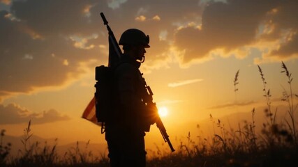 Silhouette of a soldier with USA flag against the sunset. Veterans Day, Memorial Day concept (1) - Powered by Adobe