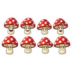 Cartoon Mushroom Faces with Various Expressions.