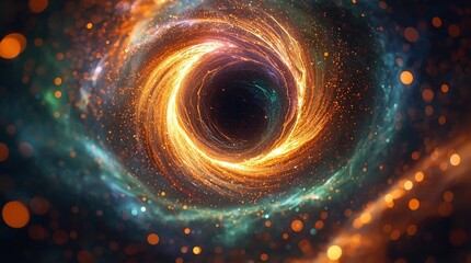 Black hole vortex in deep space with glowing swirling particles, cosmic galaxy background, abstract wormhole tunnel, colorful nebula lights, futuristic sci fi universe illustration design