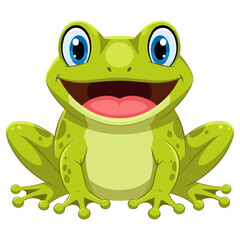 Cheerful green cartoon frog with big blue eyes.