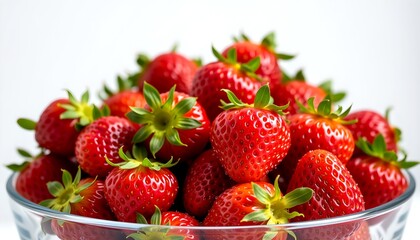 A bowl of fresh, ripe strawberries, a vibrant and appetizing treat. Each berry glistens, a testament to their freshness, offering a visual feast for anyone who sees them