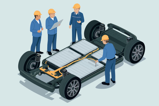 Electric vehicle battery assembly team inspecting futuristic car chassis components and technology